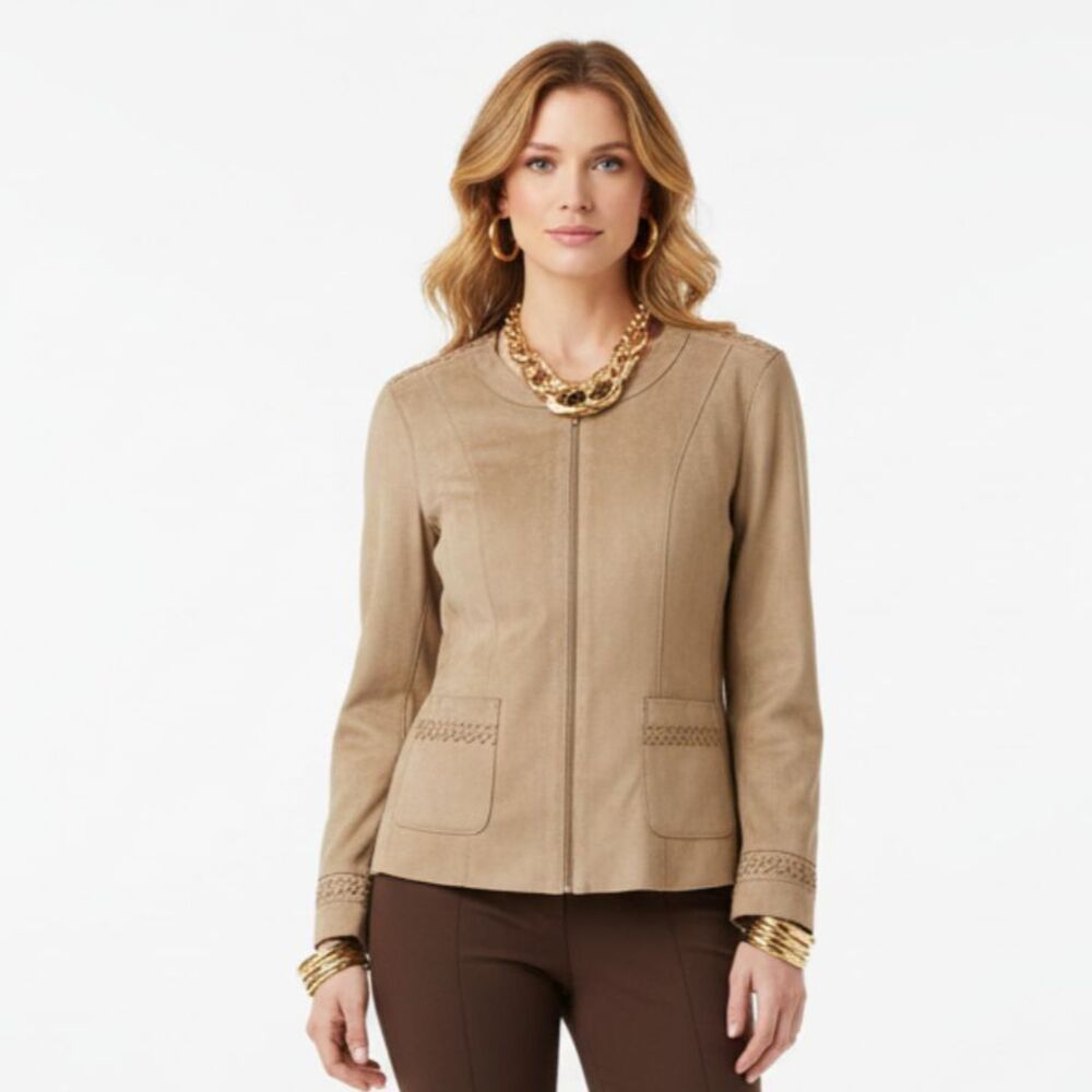 Escandelle Brown Faux Soft Faux Suede Zip Up Long Sleeve Jacket XL